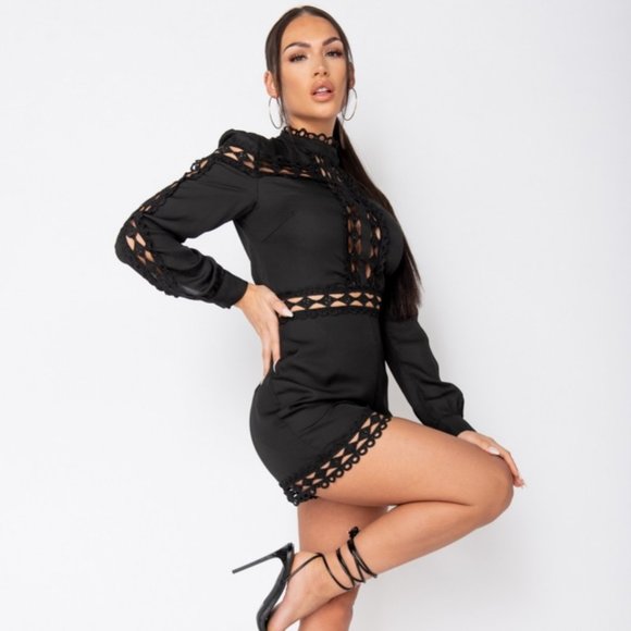 Black Long Sleeve High Neck Lace Trim Romper - Picture 7 of 11
